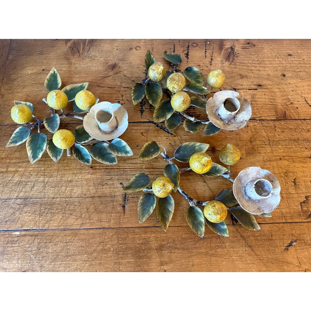 Beautiful Italian Hand Painted Tole Peinte Lemon Branch Candlesticks/Candelabra's. Set of 3. Classic chinoiserie,...