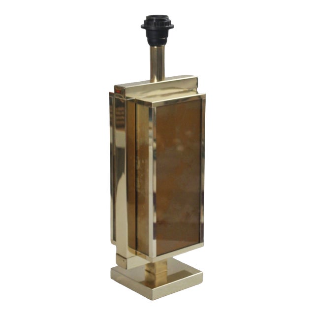 Large Vintage French Brass Lamp Base with Églomisé Glass by Philippe Cheverny, 1970s For Sale