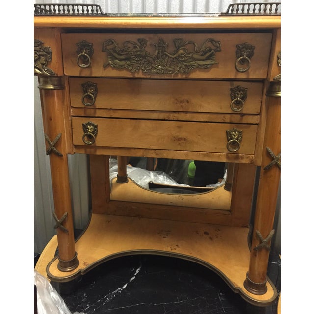Empire Furniture Early 20th Century Pair of Empire Revival Burl Wood Sideboards With Brass Gallery and Ormolu Mounts With Verdi Marble Tops. For Sale - Image 4 of 10