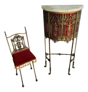 Antique Oscar Bach Attributed Gilt Onyx-Top Telephone Stand Cabinet With Chair