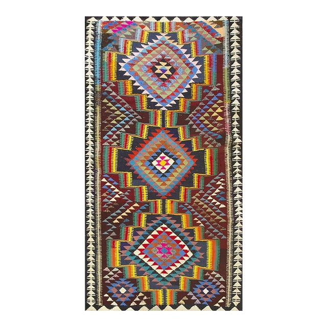 1940s Antique Multi Diamond Tribal Turkish Village Kilim Wool Rug 5' 4" X 10' For Sale