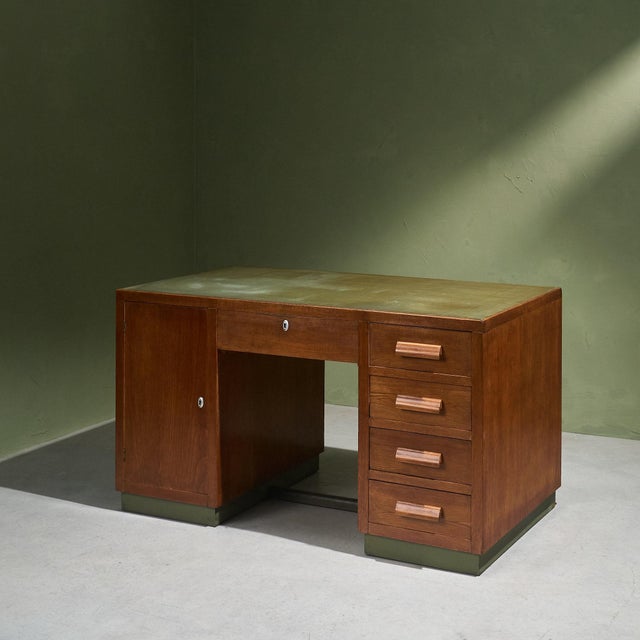 Brown Desk in Oak with Green Linoleum Top and Base, Italy For Sale - Image 8 of 8