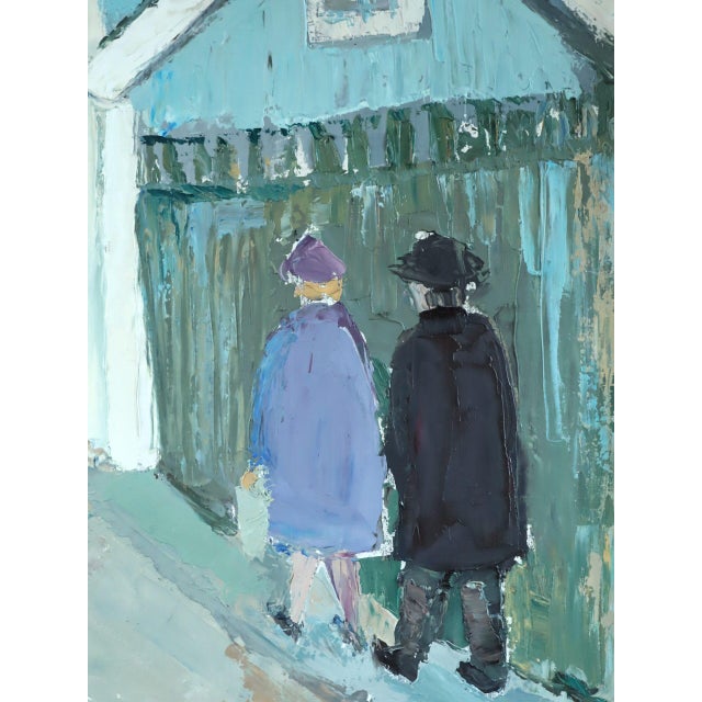 Mid-Century Modern 'Walking Home Together' Vintage Original Swedish Naïve Style Street Scene Oil Painting, Framed For Sale - Image 10 of 12