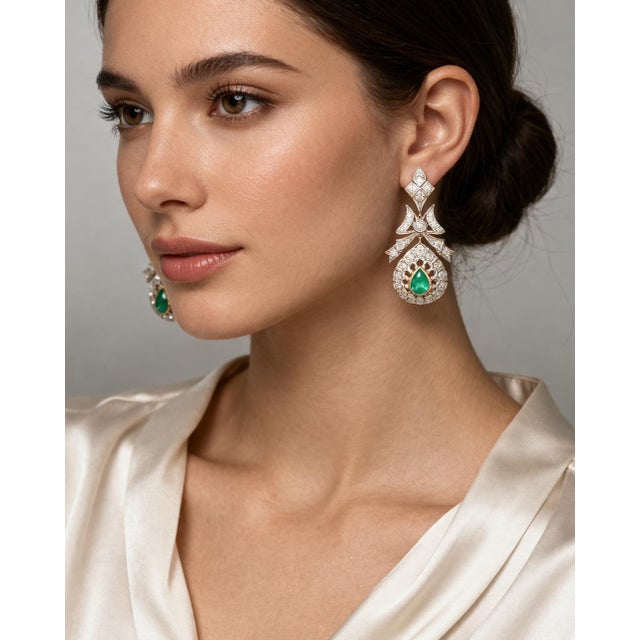Modern 14k Gold 3 Carat Diamond & 1.50 CTW Emerald Drop Earrings, a Pair For Sale - Image 3 of 12