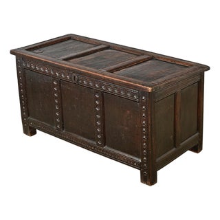 French 18th Century Solid Oak Carved Coffer For Sale
