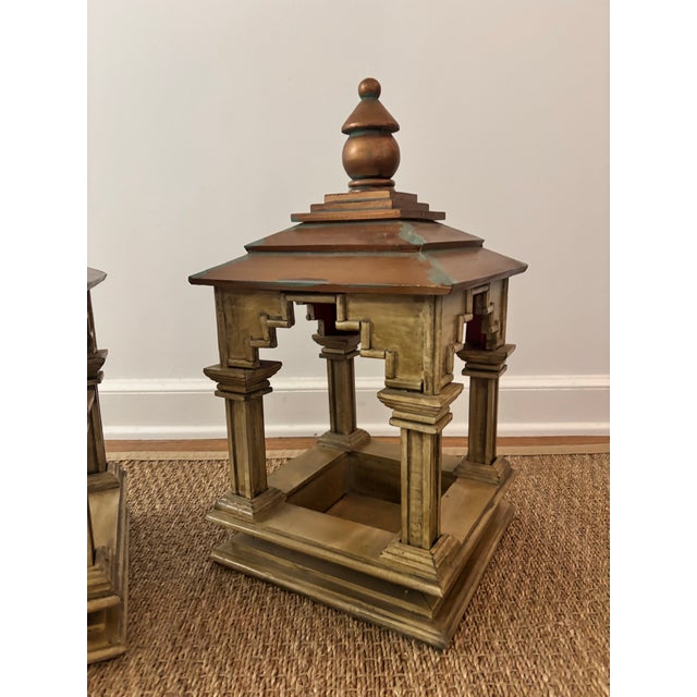 Vintage Asian-Inspired Pagoda Lantern Stands With Distressed Finish and Faux Verdi Gris Copper Roofs, a Pair For Sale - Image 4 of 11
