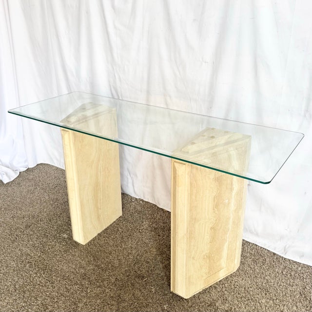 Late 20th Century Vintage Glass Top Travertine Pedestal Console Table For Sale - Image 5 of 12
