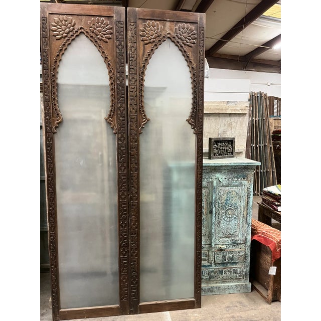 1990s Vintage Arched Carved Wood Doors With Smoked Glass - A Pair, 96x48 For Sale - Image 5 of 10