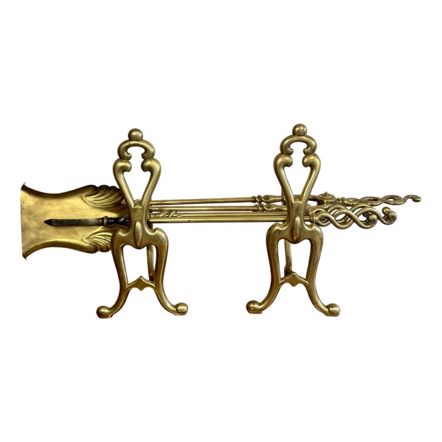 Antique Edwardian Brass Fire Irons and Fire Dogs, 1900, Set of 5 For Sale