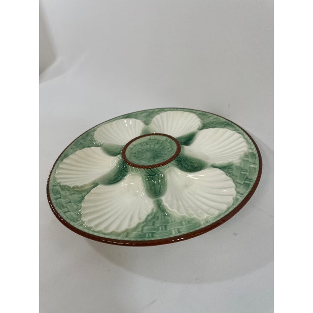 Longchamp 1930s French Longchamp Green and White Majolica Oyster Plate For Sale - Image 4 of 16