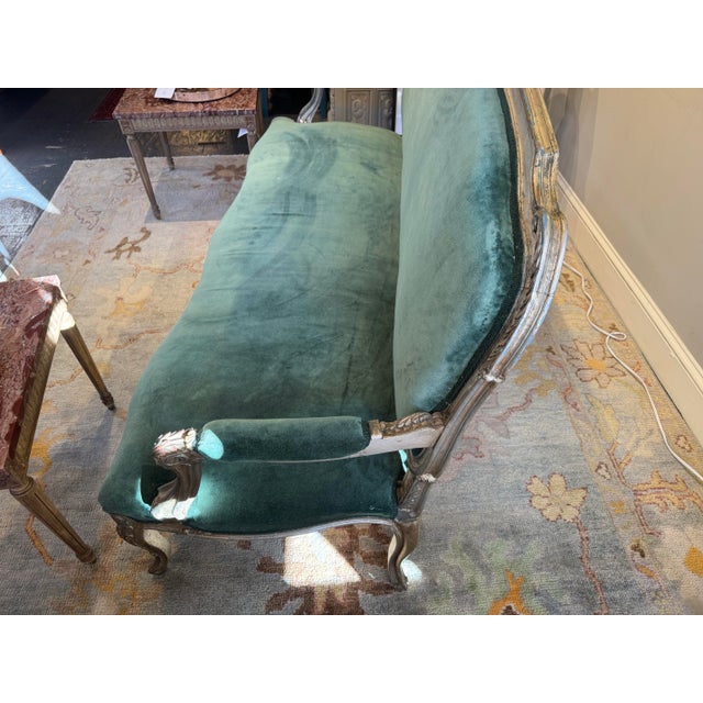 Antique 19th Century Louis XV Style Velvet Settee With Silver Leaf For Sale - Image 11 of 11