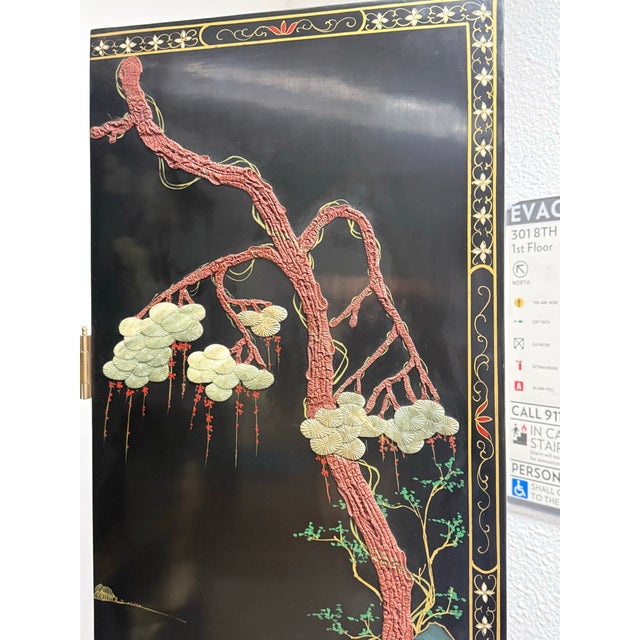 Chinese Black Lacquer Four-Panel Folding Screen + Soapstone Inlay, Vintage For Sale - Image 4 of 12