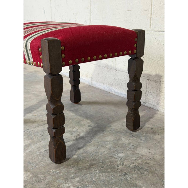 Red Dark Oak Ottoman Footstool With Red Striped Fabric Upholstery and Nailhead Trim Vintage For Sale - Image 8 of 10