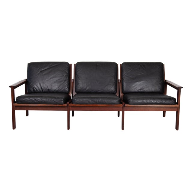 Danish Black Leather 3-Seater Sofa attributed to Illum Wikkelsø for Niels Eilersen, 1960s For Sale