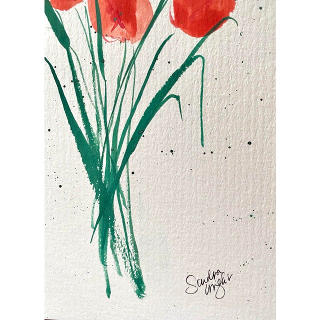 Transitional Red Hot Tulips Watercolor Painting by Sandra Wright For Sale - Image 3 of 3