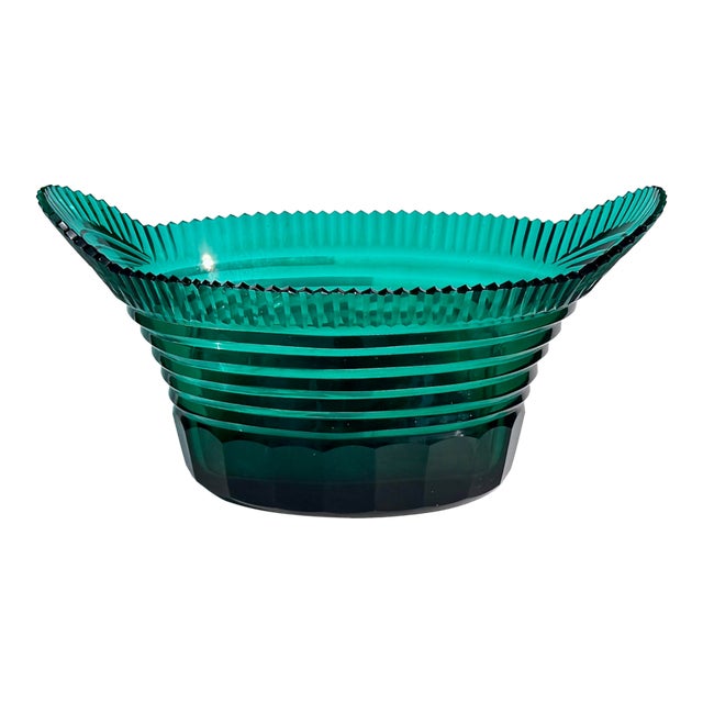 French Art Deco Teal Cut Glass Centerpiece Bowl, Circa 1920's For Sale