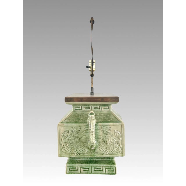 Metal Large Celadon Crackle Ware Double Dragon Handled Converted Temple Censer Table Lamp (Artist Signed) For Sale - Image 7 of 14