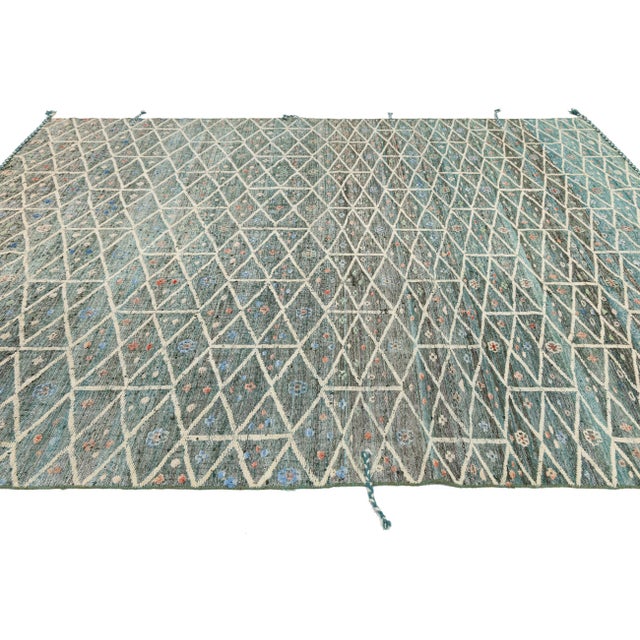 Textile Modern Moroccan Style Geometric Rug – Hand-Knotted Teal & Charcoal Wool 9x12 For Sale - Image 7 of 11