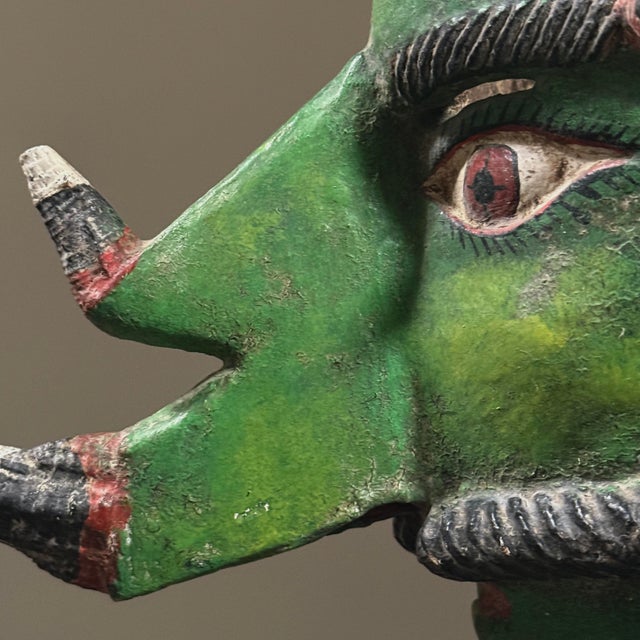 Antique Folk Art Polychrome Caiman Guerrero Green Horned Bearded Man Mask For Sale In Philadelphia - Image 6 of 7
