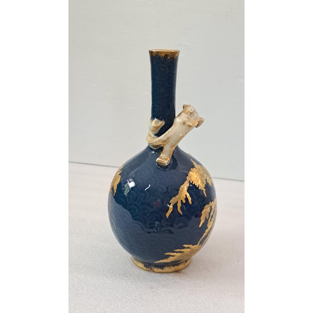 Antique Jean Pouyat Limoges Cobalt Blue & Gilt Porcelain Bottle Vase With Branch Handle For Sale In West Palm - Image 6 of 12