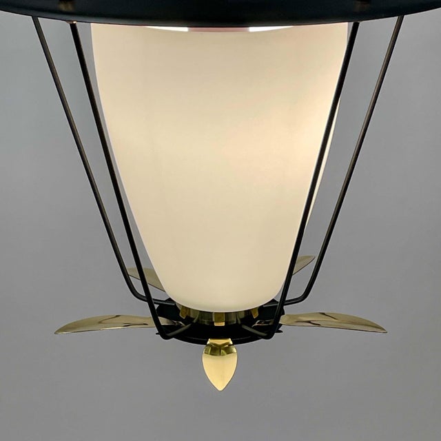 Black Metal and White Opaline Lantern with Brass, France, 1950s For Sale - Image 16 of 18