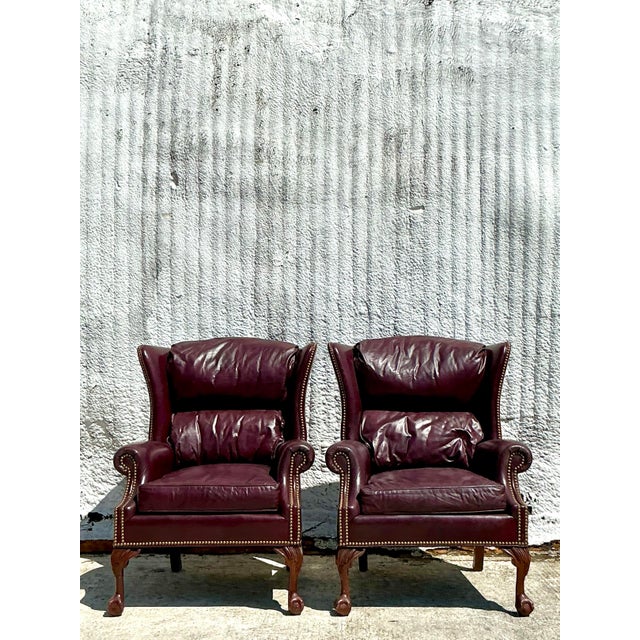 Vintage Regency Merlot Leather Wingback Chairs - A Pair For Sale - Image 10 of 10