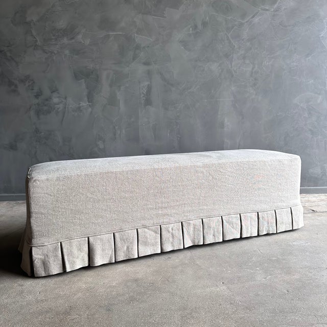 Mid-Century Modern Greige Linen Slipcovered Bench With Pleated Skirt Details and White Oak Legs For Sale - Image 3 of 7