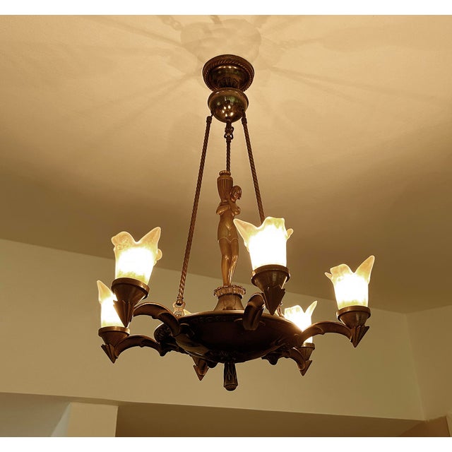 Brown Large Art Deco Sculptural Chandelier in Bronze and Glass, 1930s For Sale - Image 8 of 18