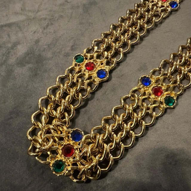 1980s High Quality Brass and Red, Blue and Green Crystals Italian Belt For Sale - Image 9 of 10