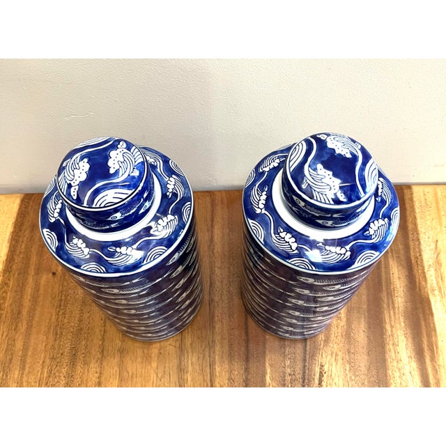 Schaol Blue and White Ceramic Ginger Jars With Fish Design - Set of Two For Sale - Image 4 of 8