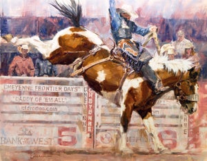 High Kickin' Paint by Lindsey Bittner Graham | Oil Painting of a cowboy riding a bucking horse