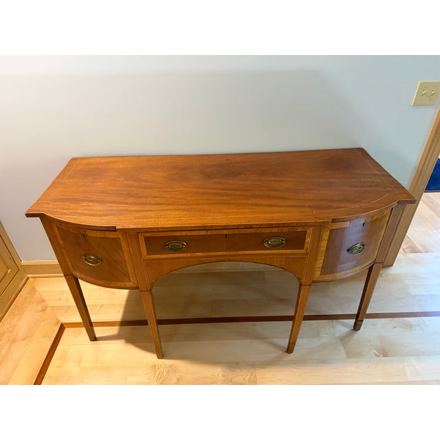 English Antique Sheraton Style Inlaid Mahogany Bow-Front Sideboard For Sale - Image 3 of 9