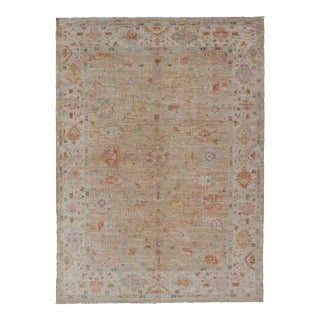 Floral Turkish Angora Oushak With Sandy in Taupe Background and Cream Border 6'1 X 8'9 For Sale