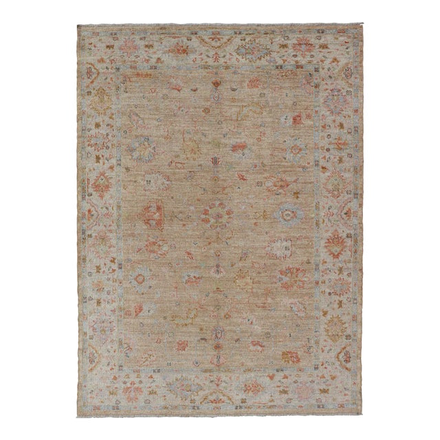 Floral Turkish Angora Oushak With Sandy in Taupe Background and Cream Border 6'1 X 8'9 For Sale