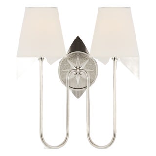 Chapman & Myers for Visual Comfort Signature Polaris 17" Double Sconce in Polished Nickel with Linen Shades For Sale