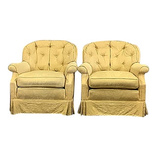 Vintage Baker Furniture Club Chairs in Golden Yellow Damask - a Pair. For Sale