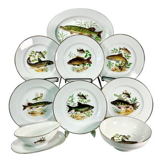 1960s Vintage Adirondack Rustic European Porcelain Fish Dinnerware - 9 Piece Set. For Sale