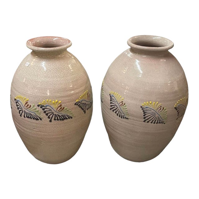 Vintage Pair of Japanese-Style Crackle Glaze Ceramic Vases For Sale