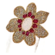 Bochic "Capri" Vintage Ruby, Fire Opal & Topaz Flower Ring Set 18K Gold & Silver For Sale