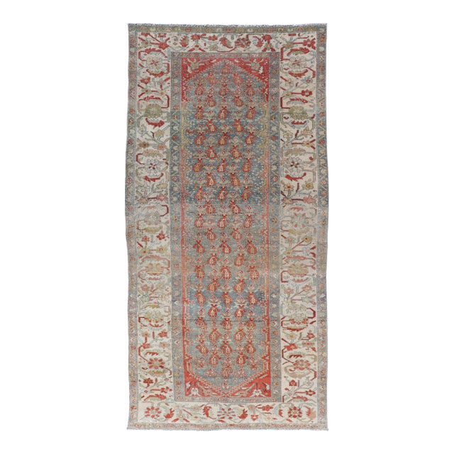 Antique Persian Malayer Gallery Rug With Blue Field and Red Boteh Design For Sale