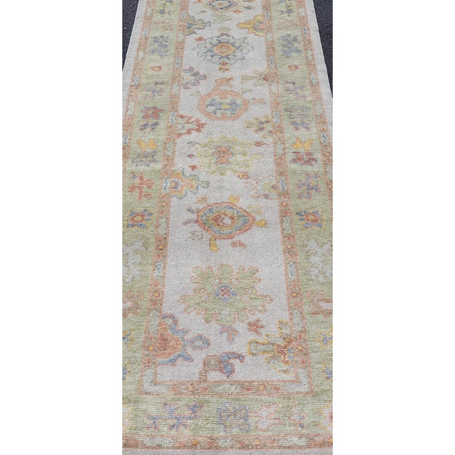 Turkish Oushak Runner in Ivory With Soft Green, Gold, and Coral 2'11 X 13'3 For Sale In Atlanta - Image 6 of 12