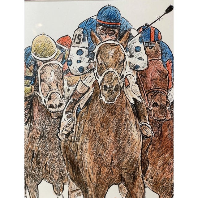 1980s Kentucky Derby Bernice Batoff Smarty Jones Horse Jockey Watercolor Ink Painting For Sale - Image 4 of 12