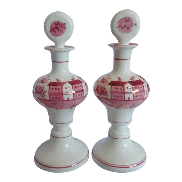 Antique Bohemian Opaline Milk Glass Perfume Bottles, Hand-Painted Enamel, Pair C. 1880–1900 For Sale