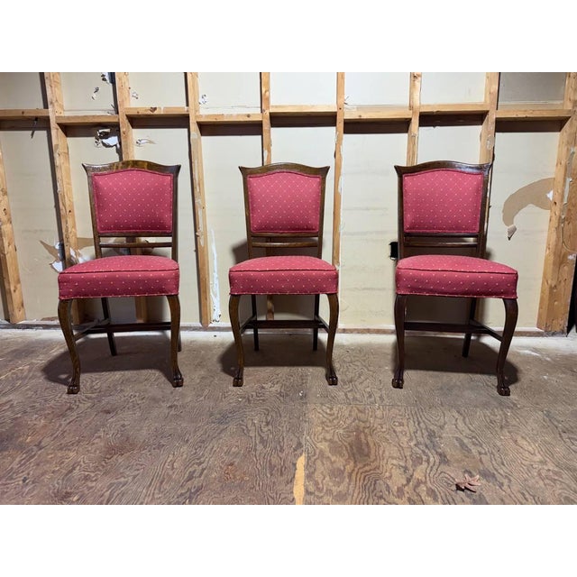 Early 20th Century Antique Victorian Style Hand Carved Lion Feet Dining Chairs. Set of 3 For Sale - Image 5 of 17