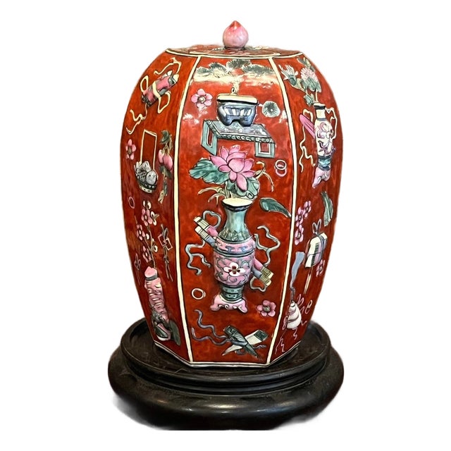 Early 20th Century Republic Period Chinese Coral Red Relief Porcelain Tea Caddy Jar Lid 10" For Sale