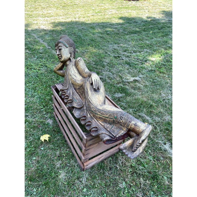 Wood Vintage XLarge Gold Gilt Hand Carved Reclining Buddha Statue For Sale - Image 7 of 11