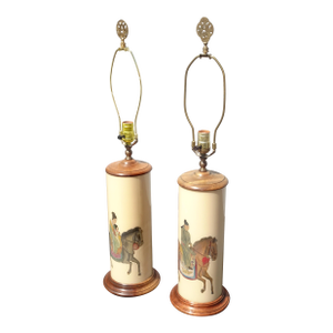 Pair Japanese Asian Table Lamps W Family on Horses and Brass Finials ~ Signed