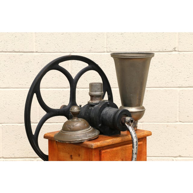 Antique Tall Standing Coffee Grinder | Cast Iron Wheel & Solid Pine Cabinet | Industrial Country Store Mill For Sale - Image 4 of 18