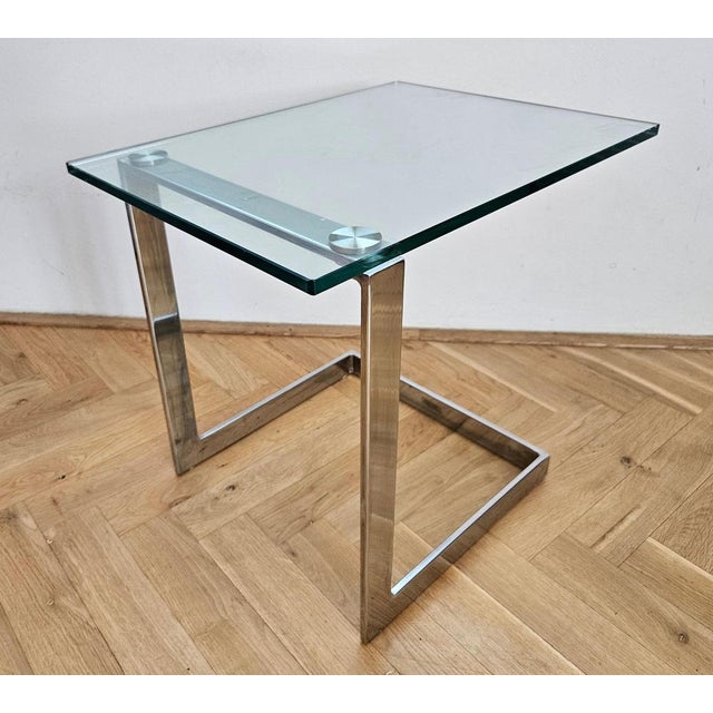 Mid-Century Cantilevered Glass & Chrome Side Coffee Table Gebra, 1980s For Sale - Image 16 of 17