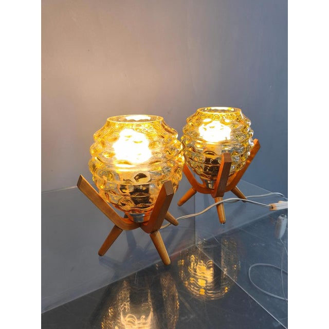 Mid-Century Wood and Yellow Glass Table Lamps, Czech, 1970s, Set of 2 For Sale - Image 6 of 11